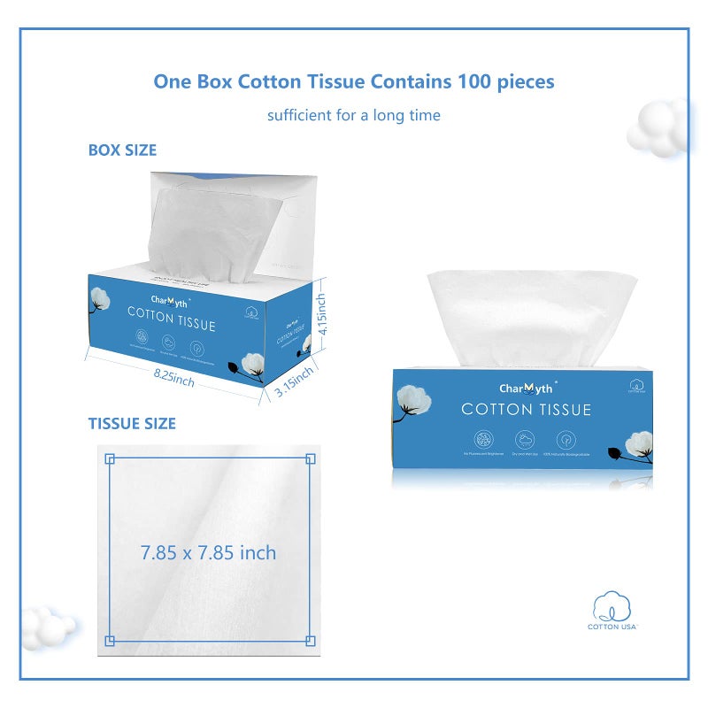Charmyth Extra Thick Disposable Face Towel, Disposable Makeup Removing Wipes, 100% USA Cotton and 100% Organic & Cruelty Free, Lint-Free Cotton Tissues for Sensitive Skin - Image 2